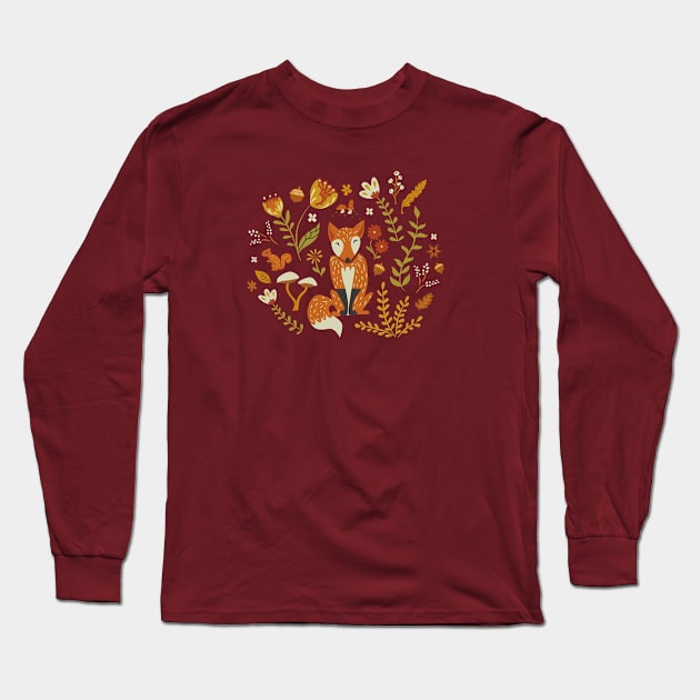 Foxes in an Autumn Garden Long Sleeve T-Shirt by latheandquill